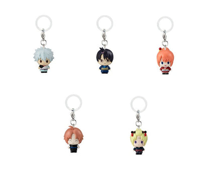 Full lineup of 5 Bandai Gintama Yoshiwara in Flames Mejirushi Accessories including Gintoki, Kagura, and Kamui markers.