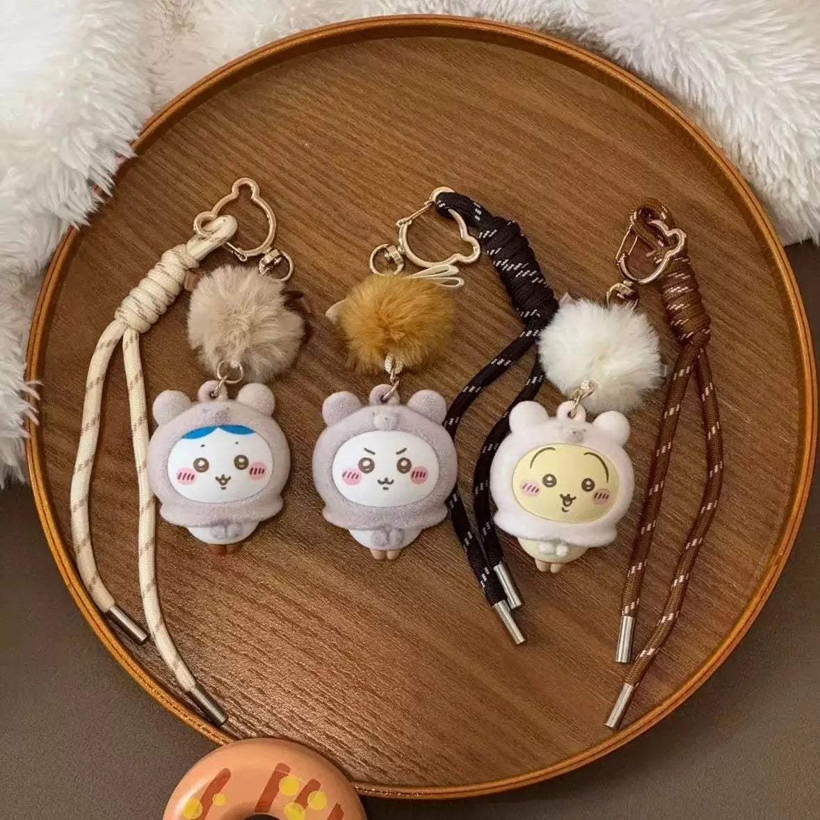 Miniso X Chiikawa Authentic Flocking Fluffy Pendant Keychain 3 types (White, Gray, Yellow) Limited Edition Collection Detail Image.