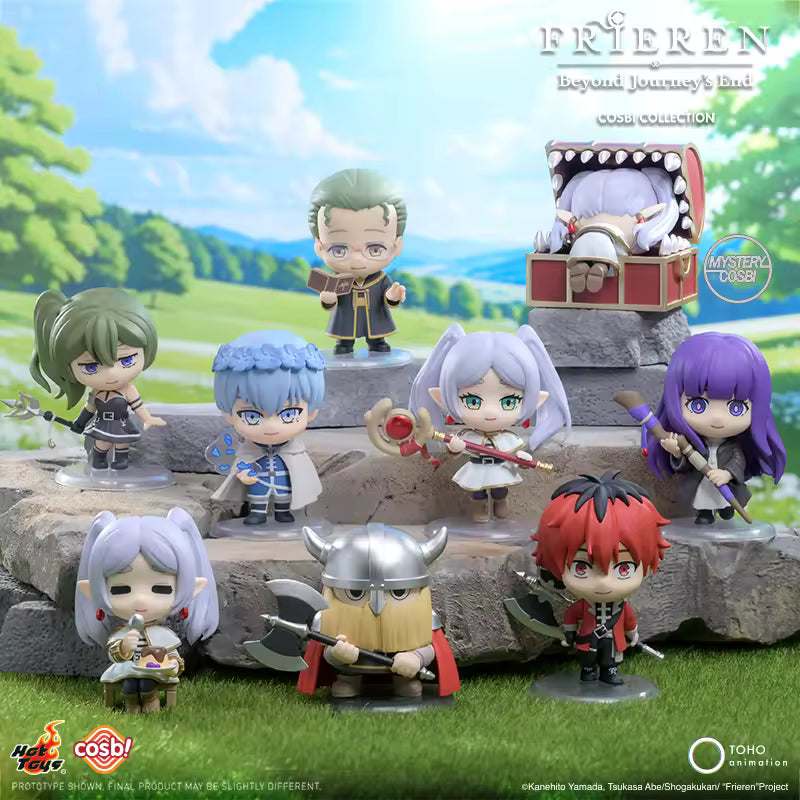 Hot Toys Cosbi Frieren: Beyond Journey's End Blind Box. Chibi figures of Frieren, Himmel, Heiter, Eisen, Fern, Stark, and Aura, including a Mystery Cosbi.