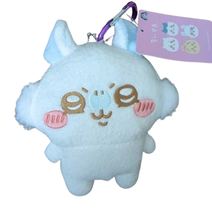 Chiikawa Momonga plush coin purse with purple carabiner clip and metal gamaguchi clasp — white fluffy Momonga character with pink cheeks.