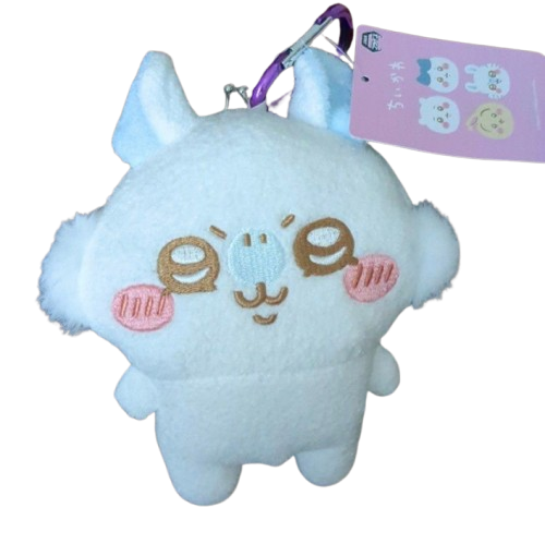 Chiikawa Momonga plush coin purse with purple carabiner clip and metal gamaguchi clasp — white fluffy Momonga character with pink cheeks.