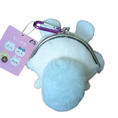 Chiikawa Momonga plush coin purse with purple carabiner clip and metal gamaguchi clasp — white fluffy Momonga character with pink cheeks