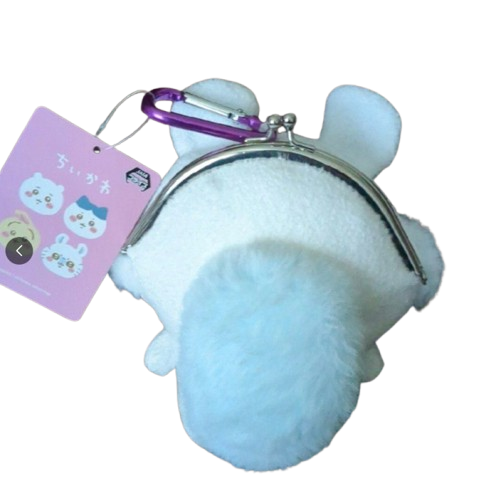 Chiikawa Momonga plush coin purse with purple carabiner clip and metal gamaguchi clasp — white fluffy Momonga character with pink cheeks