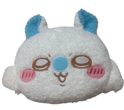 Chiikawa Momonga fluffy face pouch — large white plush pouch shaped like Momonga's face with blue ears and pink cheeks, official Chiikawa collectible accessory