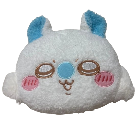 Chiikawa Momonga fluffy face pouch — large white plush pouch shaped like Momonga's face with blue ears and pink cheeks, official Chiikawa collectible accessory