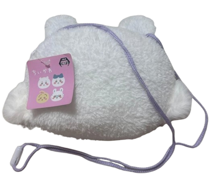 Chiikawa Momonga fluffy face pouch — large white plush pouch shaped like Momonga's face with blue ears and pink cheeks, official Chiikawa collectible accessory