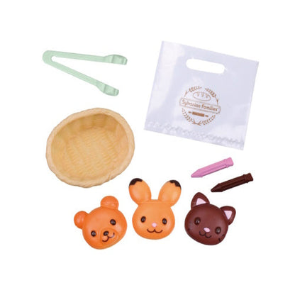 Sylvanian Families Forest's Lively Bakery blind capsule set — 6 miniature bakery designs including rabbit danish, cat bagel, cookie set and waffle, compatible with Sylvanian dolls