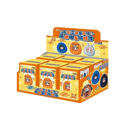Naruto Shippuden Cute Plush Keychain display box showing characters like Naruto, Sasuke, and Sakura in round hooded plush outfits with 6 individual blind boxes.
