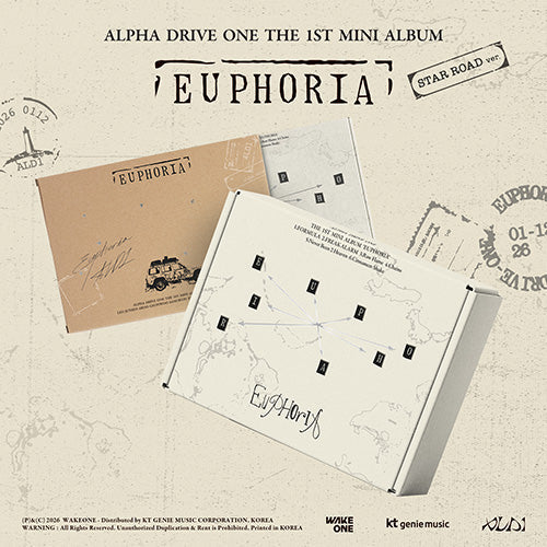 Album cover for 'Euphoria' by Alpha Drive One with map design and branding elements.