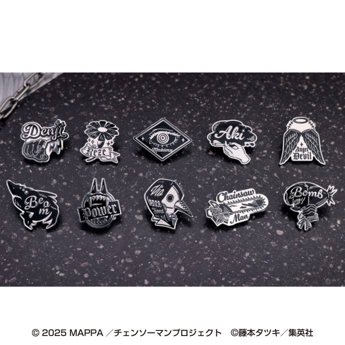 Chainsaw Man Reze Arc Motif Design Pins complete box — 10 black and silver metal pins featuring Denji, Reze, Makima, Aki, Power, Beam, Angel Devil, Chainsaw Man and Bomb