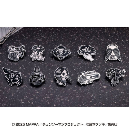 Chainsaw Man Reze Arc Motif Design Pins complete box — 10 black and silver metal pins featuring Denji, Reze, Makima, Aki, Power, Beam, Angel Devil, Chainsaw Man and Bomb