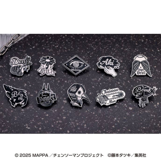 Chainsaw Man Reze Arc Motif Design Pins complete box — 10 black and silver metal pins featuring Denji, Reze, Makima, Aki, Power, Beam, Angel Devil, Chainsaw Man and Bomb