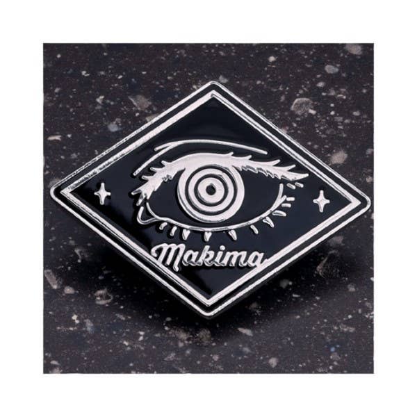 Chainsaw Man Reze Arc Motif Design Pins complete box — 10 black and silver metal pins featuring Denji, Reze, Makima, Aki, Power, Beam, Angel Devil, Chainsaw Man and Bomb