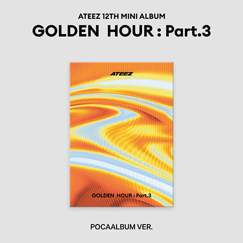 Album cover for ATEEZ 12th mini album 'Golden Hour: Part.3' with colorful design on a gray background