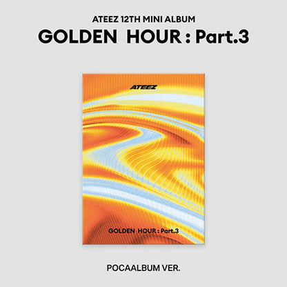 Album cover for ATEEZ 12th mini album 'Golden Hour: Part.3' with colorful design on a gray background