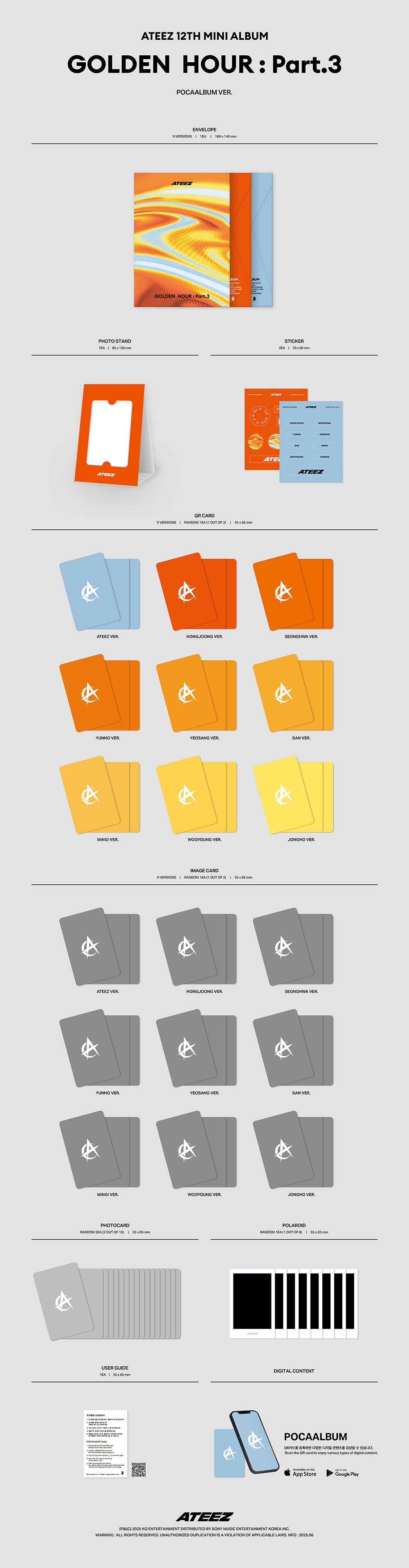 ATEEZ GOLDEN HOUR Part.3 12th Mini Album POCAALBUM Version showing 9 individual member envelopes and a colorful lemon-themed aesthetic.