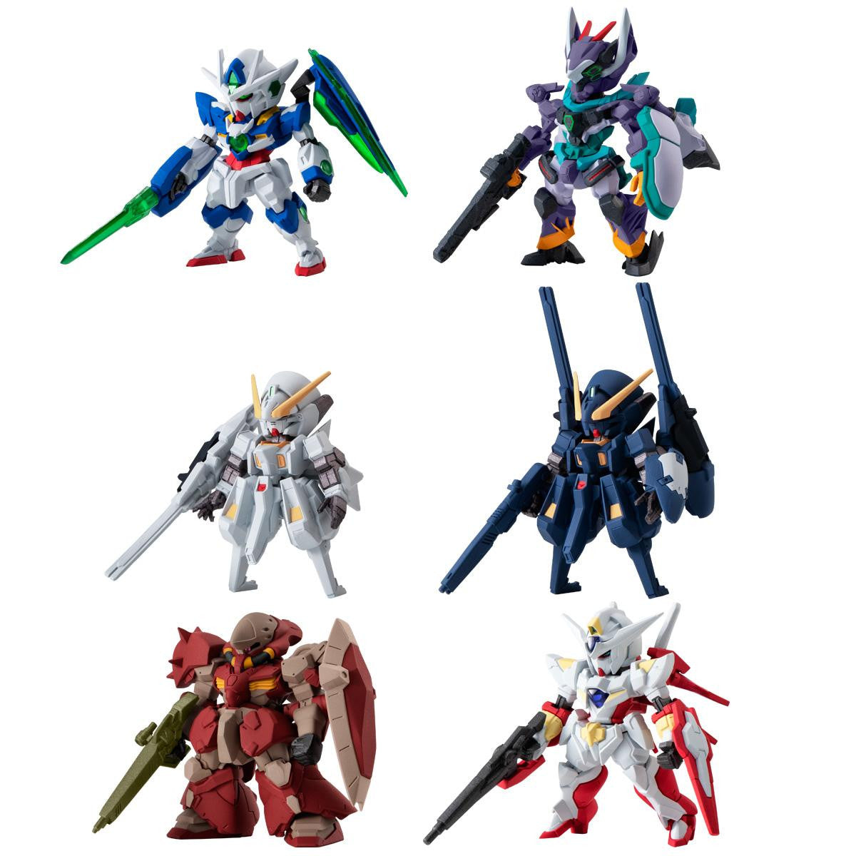 FW Gundam Converge #29 — 6 Mobile Suit types including 00 Quanta GFreD TR-6 Woundwort Hazel II Reborns Gundam Messer F02, approx. 55mm official Bandai Candy collectible