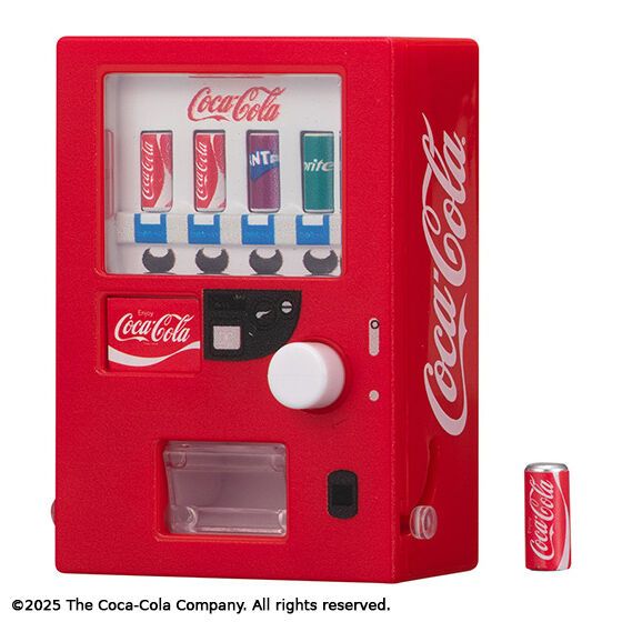Bandai Coca-Cola Vending Machine Miniature Gashapon collection showing four different designs (A, B, C, D) including modern red, white, vintage wood-grain, and classic Coke styles with functional dispensing features.