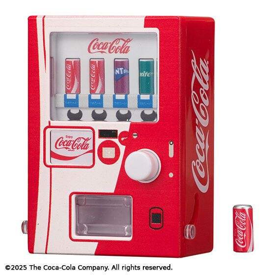 Bandai Coca-Cola Vending Machine Miniature Gashapon collection showing four different designs (A, B, C, D) including modern red, white, vintage wood-grain, and classic Coke styles with functional dispensing features.