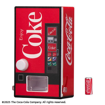 Bandai Coca-Cola Vending Machine Miniature Gashapon collection showing four different designs (A, B, C, D) including modern red, white, vintage wood-grain, and classic Coke styles with functional dispensing features.