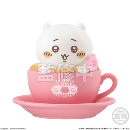 Chiikawa Chara Latte Art Case figures set — 8 designs including Chiikawa, Hachiware, Usagi, Momonga and more sitting in colorful teacups, official Bandai candy toy