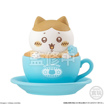 Chiikawa Chara Latte Art Case figures set — 8 designs including Chiikawa, Hachiware, Usagi, Momonga and more sitting in colorful teacups, official Bandai candy toy