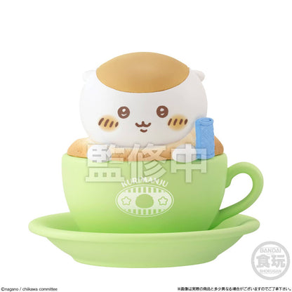 Chiikawa Chara Latte Art Case figures set — 8 designs including Chiikawa, Hachiware, Usagi, Momonga and more sitting in colorful teacups, official Bandai candy toy