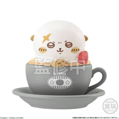 Chiikawa Chara Latte Art Case figures set — 8 designs including Chiikawa, Hachiware, Usagi, Momonga and more sitting in colorful teacups, official Bandai candy toy
