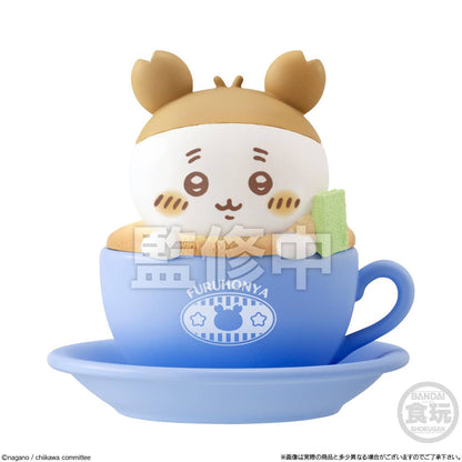 Chiikawa Chara Latte Art Case figures set — 8 designs including Chiikawa, Hachiware, Usagi, Momonga and more sitting in colorful teacups, official Bandai candy toy