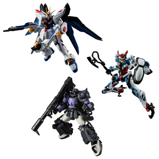 Gundam G Frame FA Vol.8 blind box — Strike Freedom, GQuuuuuuX and Black Tri-Stars Zaku II articulated figures, approx. 110mm, official Bandai Candy