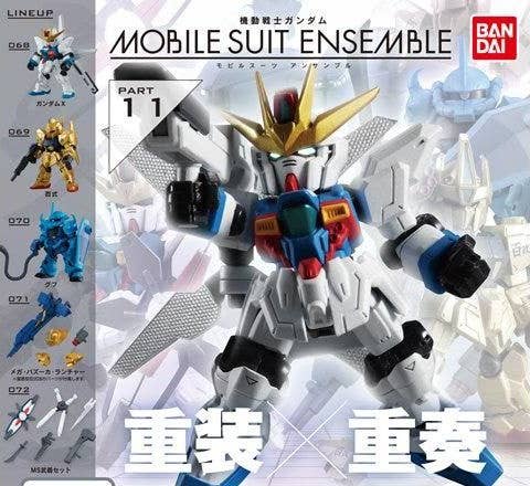 Bandai Mobile Suit Ensemble Part 11 Gacha featuring Gundam X, Hyaku Shiki, Gouf, and Mega Bazooka Launcher weapons set.