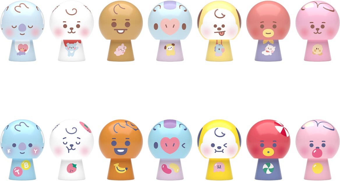 Complete set of 14 Re-Ment BT21 Tsumitsumi Dango stackable figures featuring two expressions for each of the 7 characters.