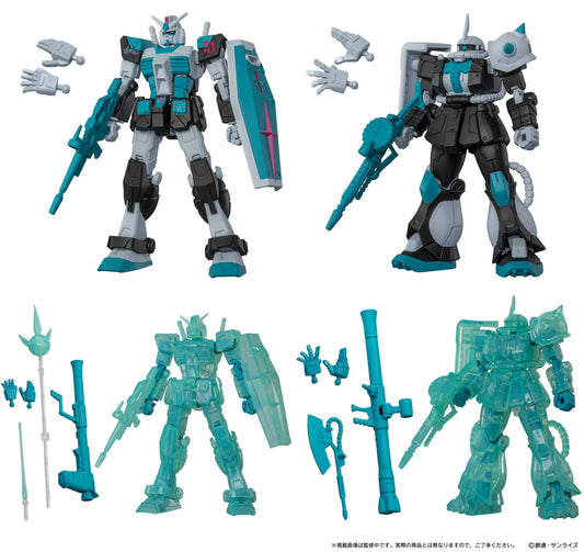 Bandai Gundam Capsule Action Hatsune Miku Color Ver. complete box — 4 articulated figures including RX-78 Gundam and Char's Zaku in Miku teal coloring and clear green versions