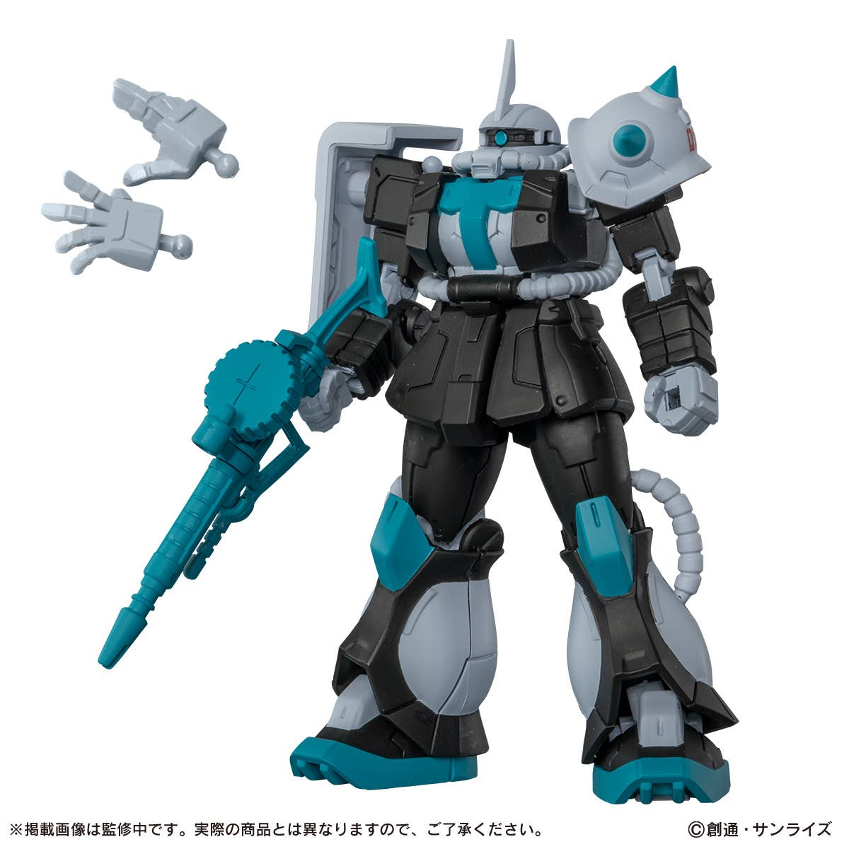 Bandai Gundam Capsule Action Hatsune Miku Color Ver. complete box — 4 articulated figures including RX-78 Gundam and Char's Zaku in Miku teal coloring and clear green versions