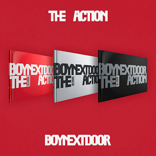Three books with 'BOYNEXTDOOR' and 'THE ACTION' on a red background