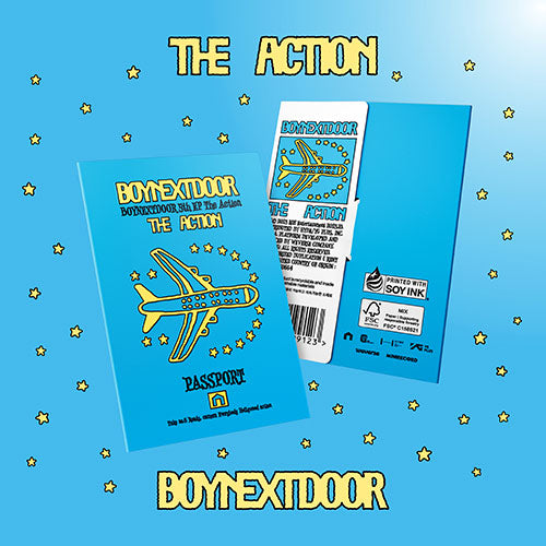 Passport-style book with airplane design on a blue background with star patterns, featuring 'Boy Next Door' and 'The Action'.