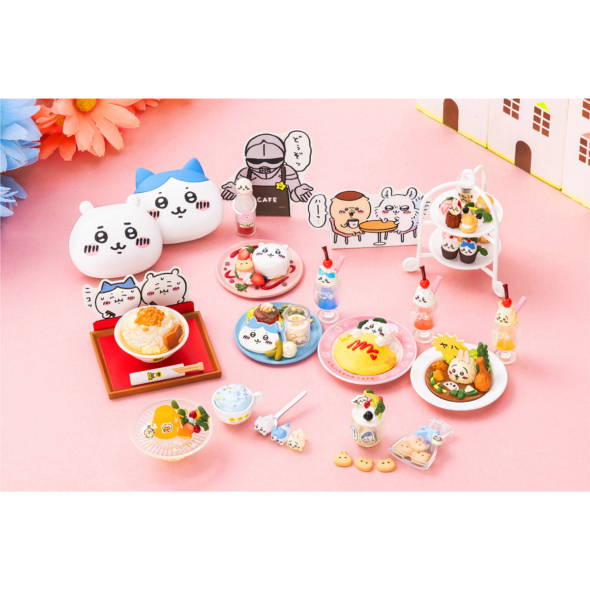 A collection of Chiikawa Cafe miniatures including Hachiware cream soda, character-themed curry, and a tiered afternoon tea stand on a pink background.