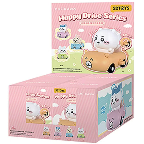52TOYS Chiikawa Happy Drive Series blind box display showing Chiikawa, Hachiware, and Usagi driving colorful pull-back miniature cars with pink packaging.
