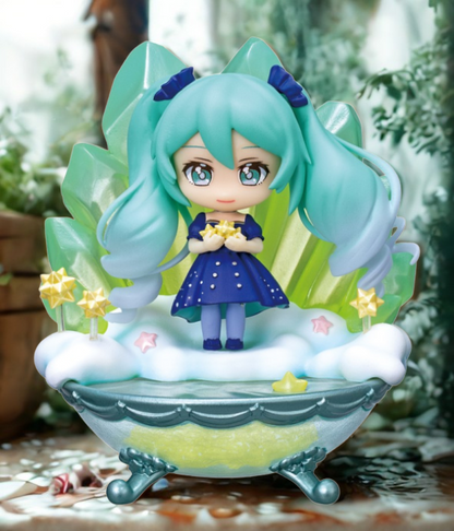Full lineup of 4 Re-Ment Hatsune Miku Starrium: Sparkling Night Sky Story figures including Sun, Moon, Planet, and Future themes.