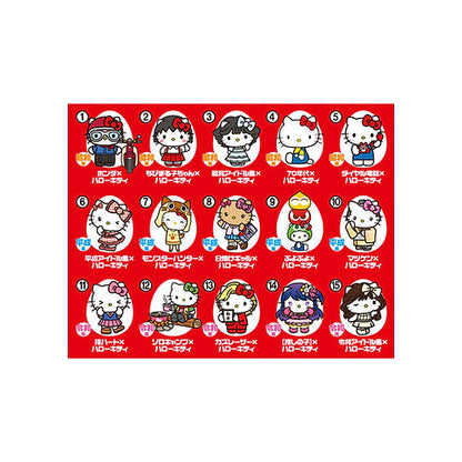 Collection of Hello Kitty-themed figurines on a red background with character names.