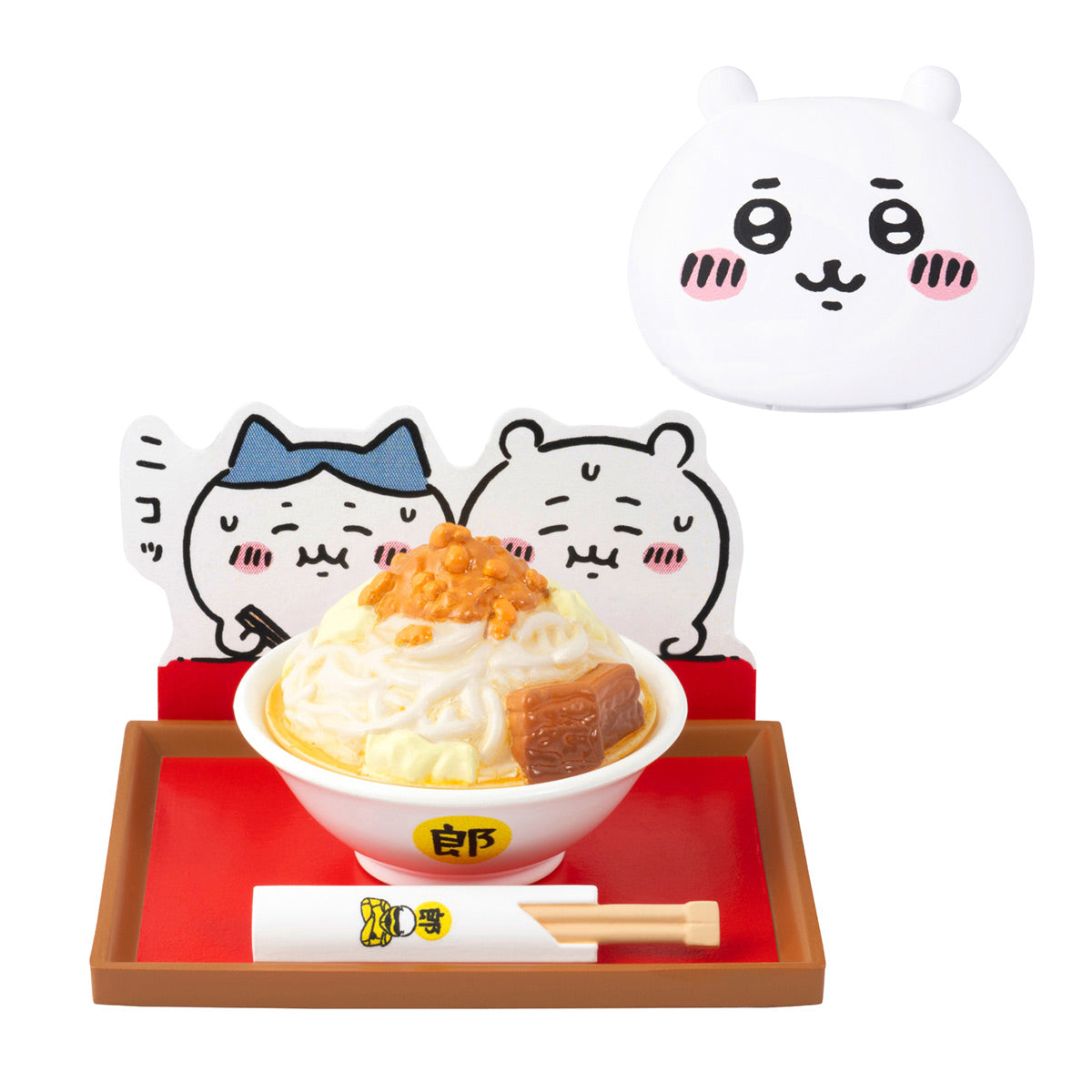 A collection of Chiikawa Cafe miniatures including Hachiware cream soda, character-themed curry, and a tiered afternoon tea stand on a pink background.