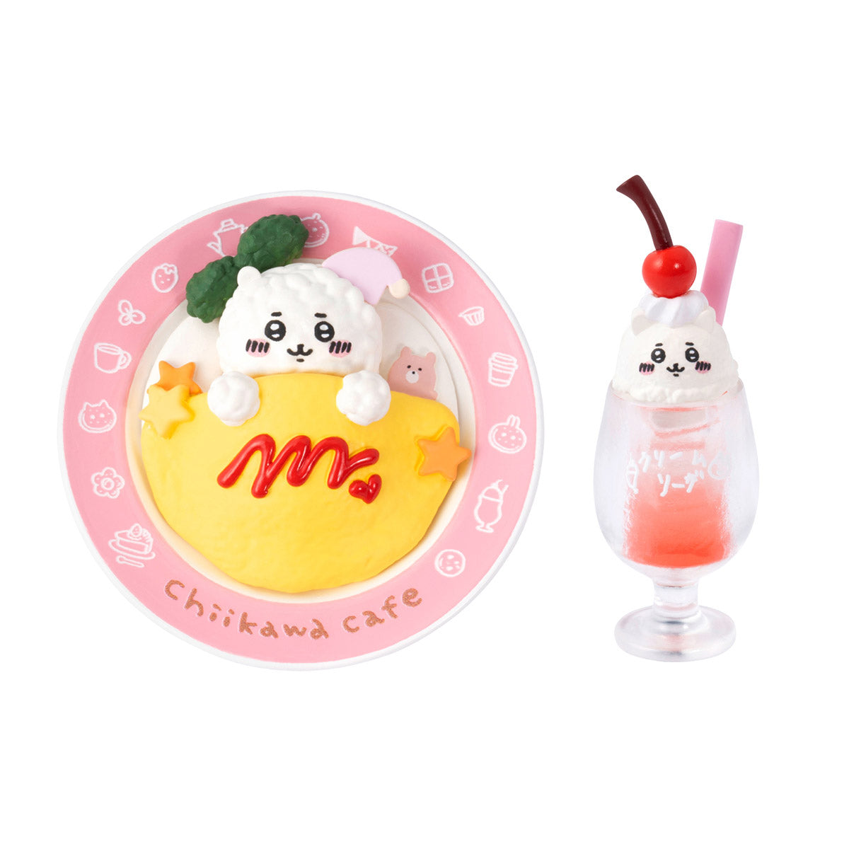 Two cute cartoon-style desserts on a pink plate with 'Chiikawa Cafe' branding.