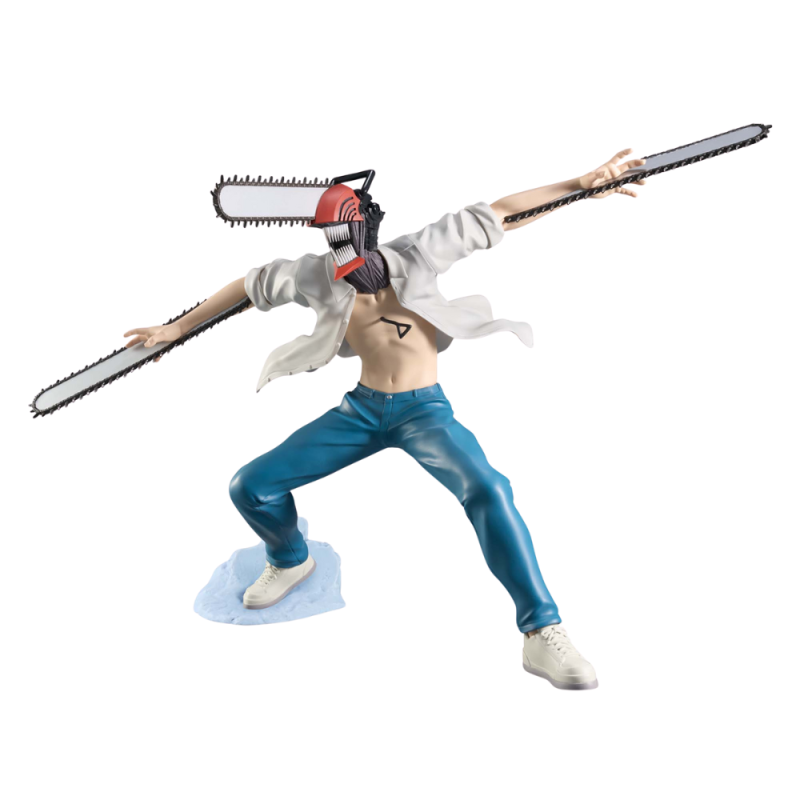 Banpresto Grandista Chainsaw Man figure from Reze Arc — approx. 21cm Denji as Chainsaw Man in white jacket and blue jeans with chainsaw head, dynamic action pose