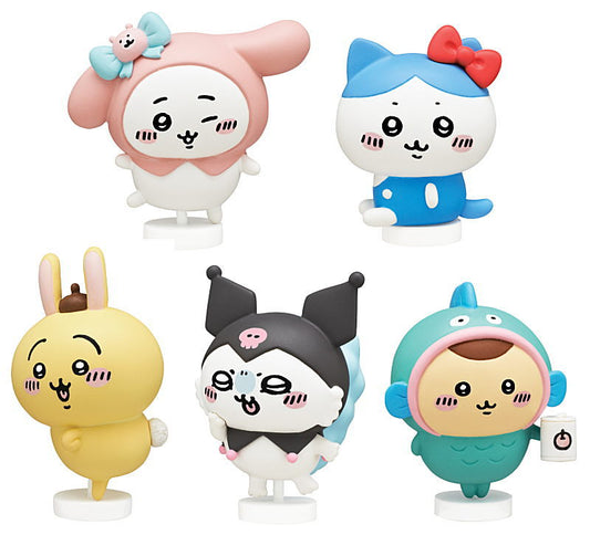 Chiikawa × Sanrio Characters Narikiri Figure capsule toys — 5 designs showing Chiikawa as My Melody, Hachiware as Hello Kitty, Usagi as Pompompurin, Momonga as Kuromi, Kurimanju as Hangyodon
