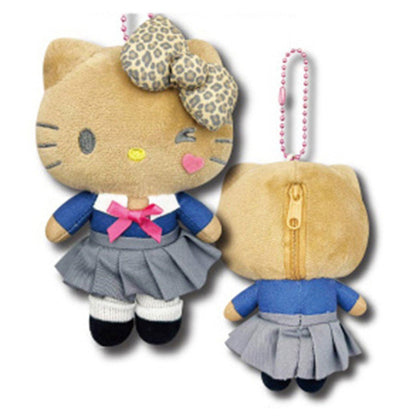 Hello Kitty Brown Gal Style Mascot Pouch — tan Hello Kitty Ganguro plush zip pouch with carabiner, official Sanrio Japan kawaii gift