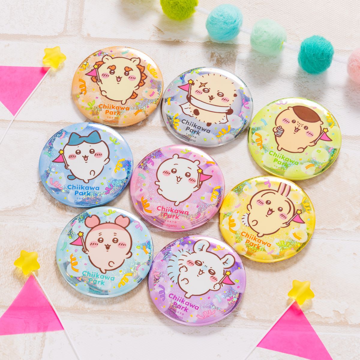 Chiikawa Park trading hologram can badge all 8 flag designs