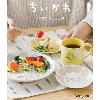 Chiikawa Happy Blossom Wooden Coaster Yellow — 90mm natural wood coaster with Chiikawa characters, official Yamaka Shoten Japan