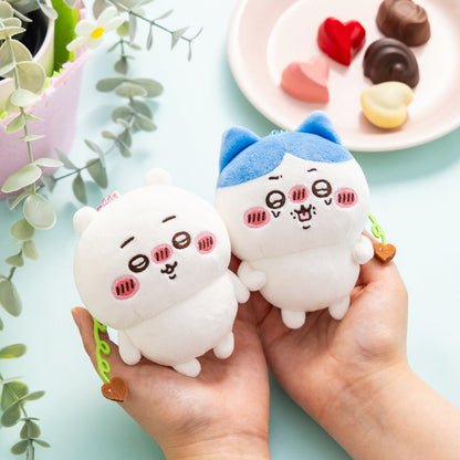 Chiikawa Slightly Tipsy Plush Mascot -- flushed cheeks tipsy expression with heart chocolate, official Chiikawa Market kawaii collectible gift