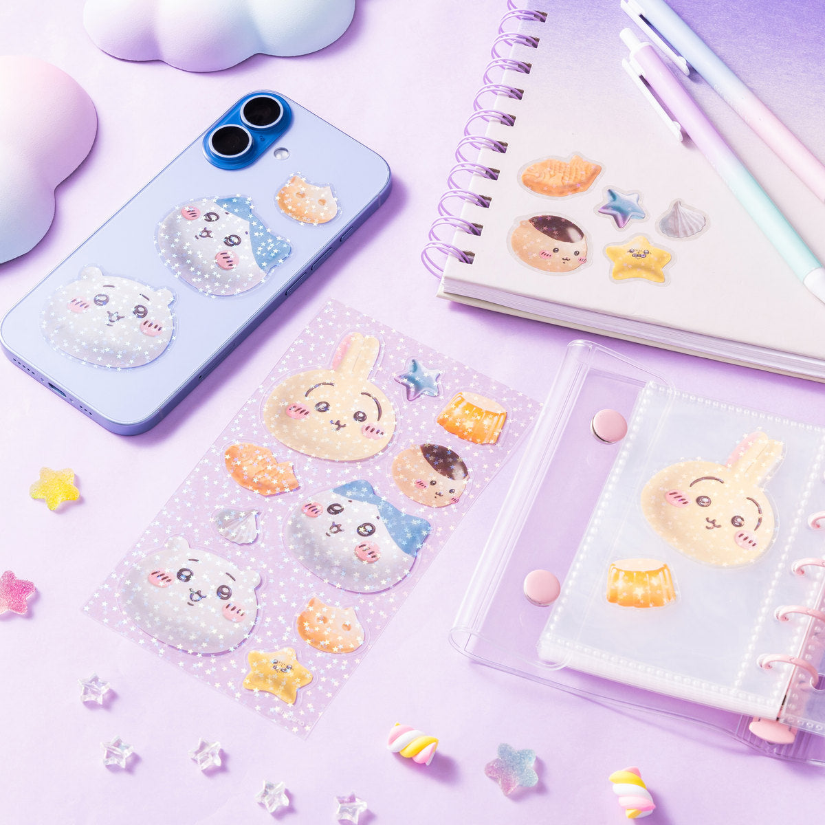Chiikawa Park Sweets Glitter Clear Sticker Sheet -- sparkling glitter sweets-themed PET stickers 58x51mm, official Gray Parker Service Chiikawa Park limited made in Japan collectible gift