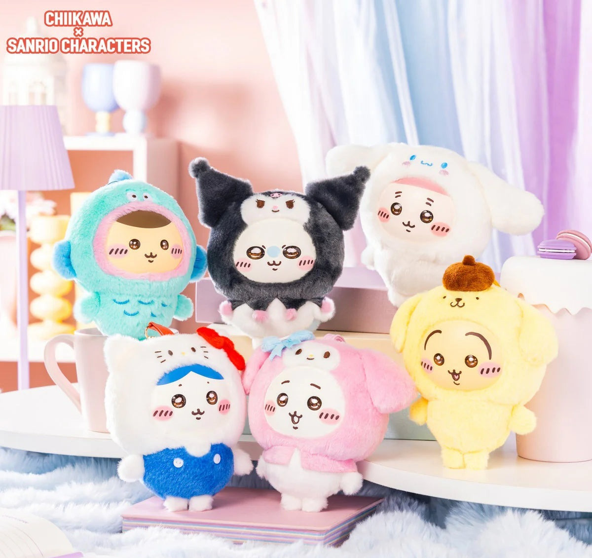 Plush toys resembling Sanrio characters and Chiikawa on a shelf with a soft, blurred background.
